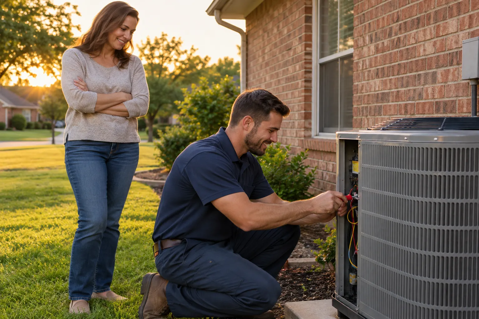 A friendly provider checking an outdoor AC unit beside a brick home in Pasadena